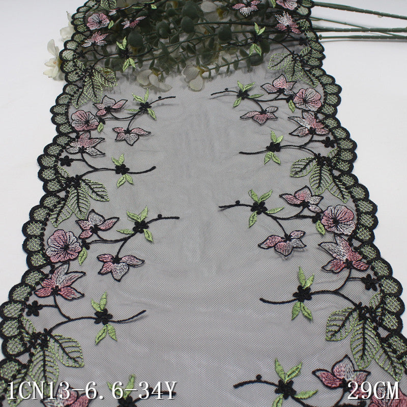 【1pack】-freedombeauty|Black Vintage Early Spring Double Wave Color Block Floral Leaf Embroidery Trim 29cm Home Textile Curtain Tablecloth Accessories DIY