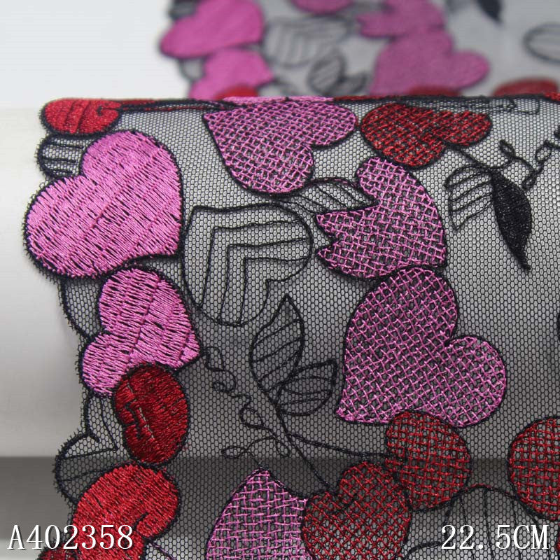 【1pack】-freedombeauty|Black Mesh Polyester Thread Cherry Small Heart Embroidery Lace DIY Lingerie Performance Costume Lace Trim Accessories