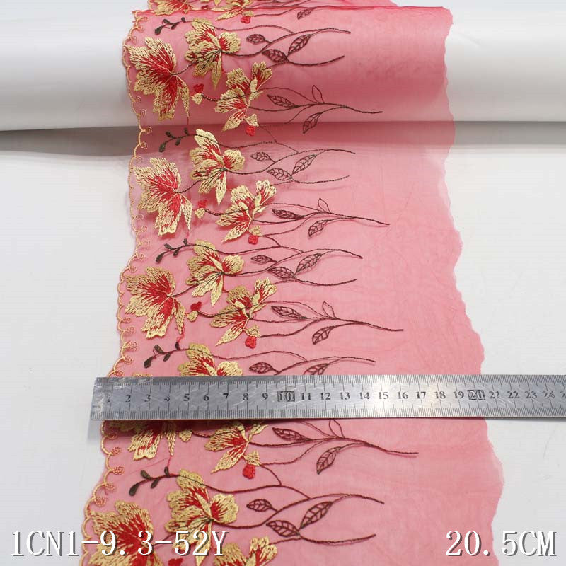 【1pack】-freedombeauty|Red Mesh Single-Sided Exquisite Flower Branch Pattern Embroidery Trim Accessories Sofa Cushion Curtain Trim