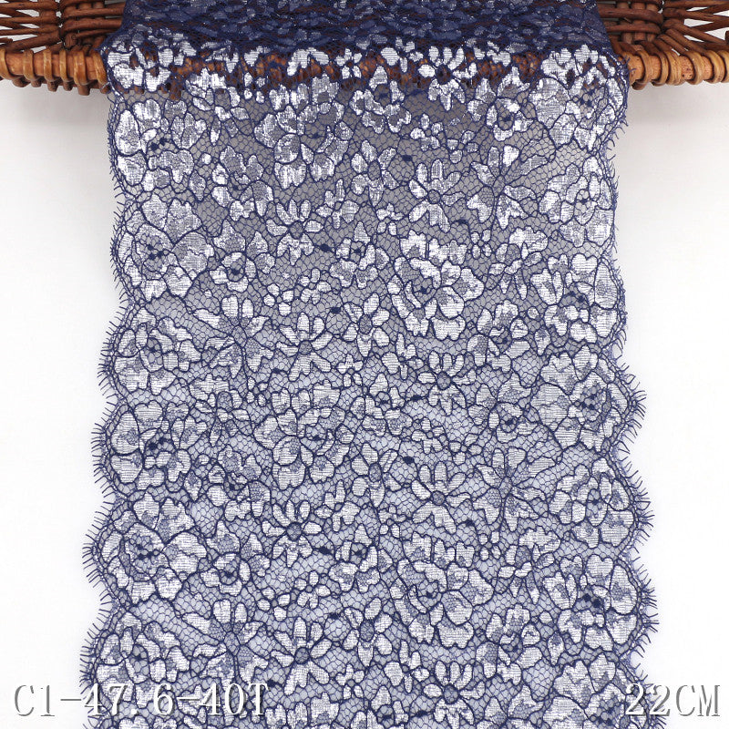 freedombeauty|Navy Blue Full Embossed Silver Classical Flower Non-Elastic Eyelash 22cm Lingerie Home Textile Lace Trim Accessories