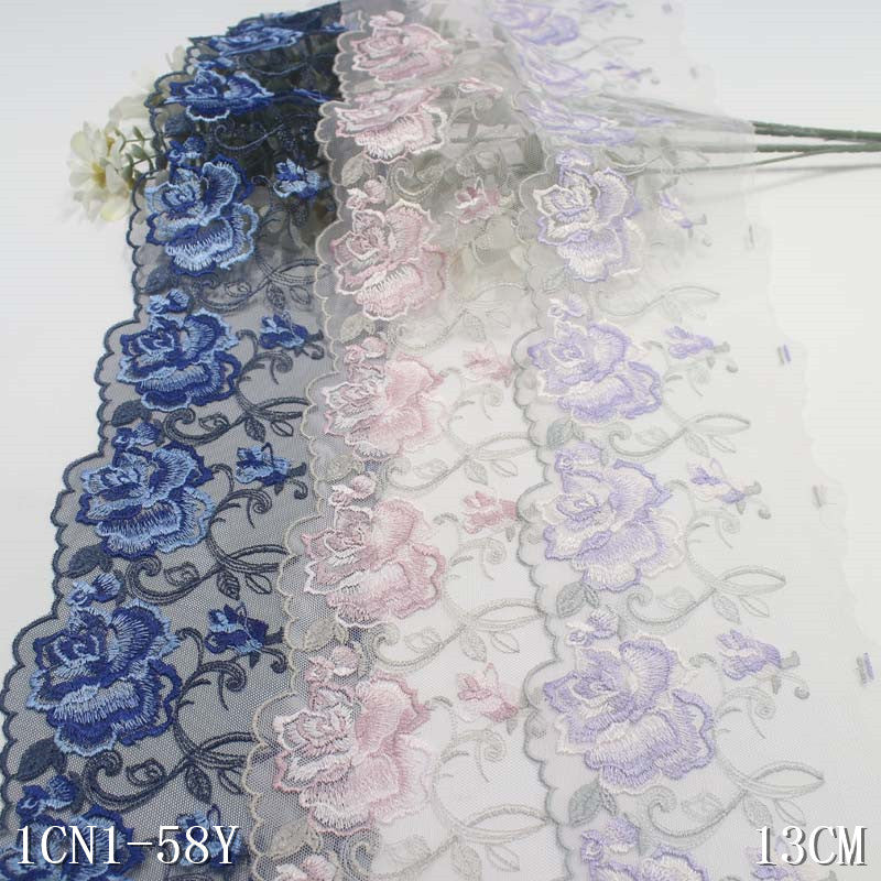 【1pack】-freedombeauty|Multicolor Mesh Single-Sided Vintage Exquisite Flower Embroidery Lace DIY Clothing Curtain Lace Trim Accessories