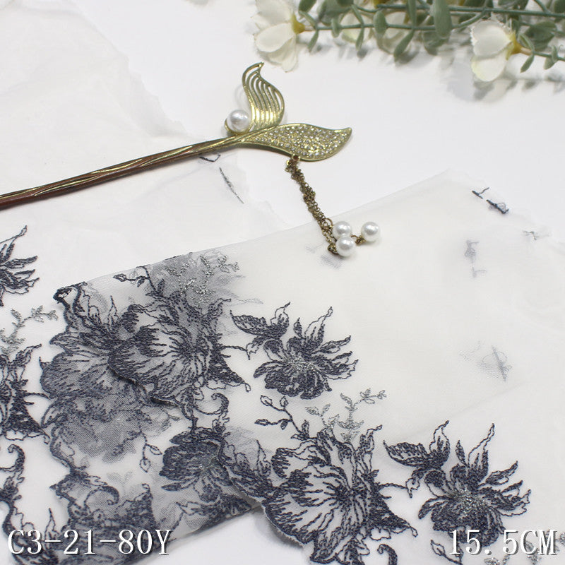 【1pack】-freedombeauty|White Mesh Single Edge Silver Thread Ancient Style Flower Embroidery Trim Clothing Home Textile Lace Trim Accessories DIY