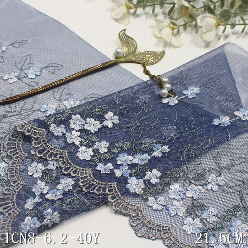 【1pack】-freedombeauty|Blue Mesh Single Side French Small Flower Embroidery Lace 17cm Clothing Home Textile Lace Trim DIY