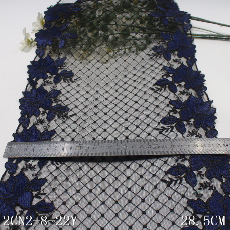 【1pack】-freedombeauty|Black Plaid Mesh Retro Double-Sided Blue Flower Embroidery Lace Trim Performance Costume Decoration Lace Trim Accessories