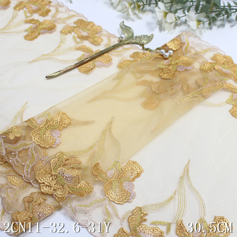 【1pack】-freedombeauty|Yellow Mesh Ancient Style Double-Sided Gold Thread Embroidery Wide Lace Trim Performance Costume Curtain Lace Trim Accessories