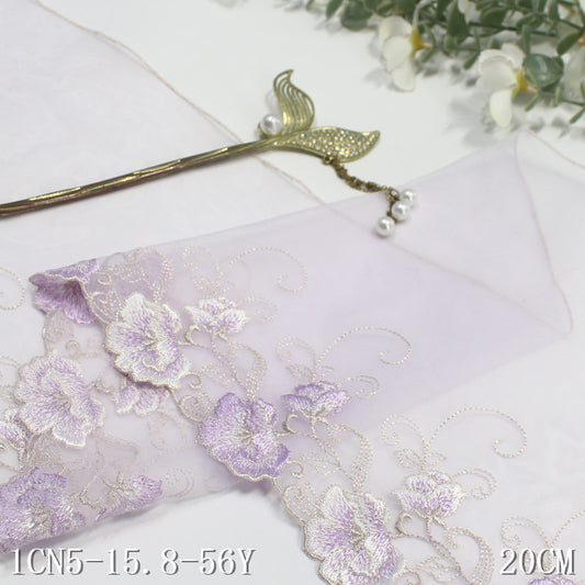 【1pack】-freedombeauty|Purple Mesh Single Edge Textured Flower Embroidery Trim 20cm Clothing Home Textile Lace Trim DIY Accessories