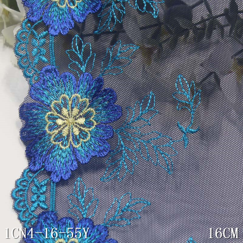 【1pack】-freedombeauty|Blue and Black Mesh Single Edge Textured Flower Embroidery Trim DIY Curtain Sofa Cushion Lace Trim Accessories