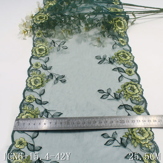 【1pack】-freedombeauty|Green Mesh Double-Sided Champagne Color Flower Embroidery Lace Trim for Lingerie and Curtain 25cm Lace Trim Accessories