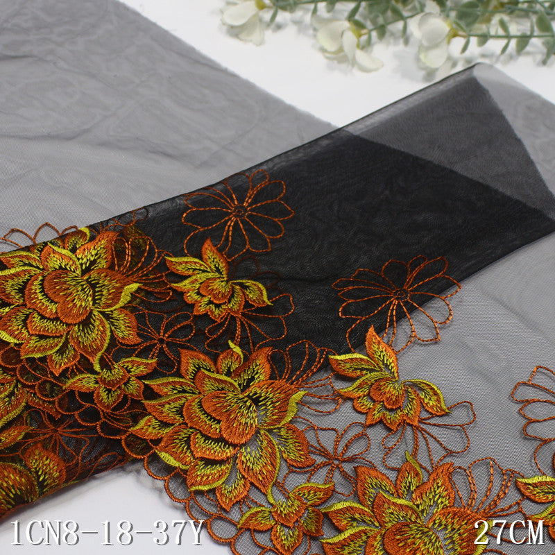 【1pack】-freedombeauty | Black Mesh Single Edge Vintage Flower Embroidery Trim 22cm Curtain Sofa Cushion Lace Trim Accessories