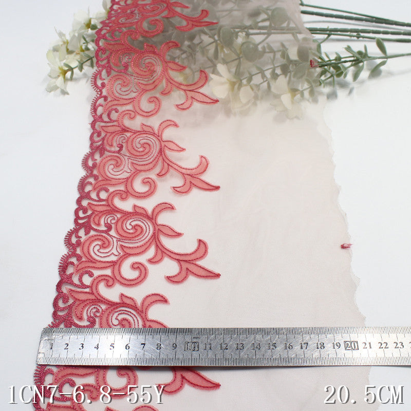 【1pack】-freedombeauty|Pink Mesh Ancient Style Single Edge Pattern Embroidery Trim Performance Costume Curtain 20cm Lace Trim Accessories