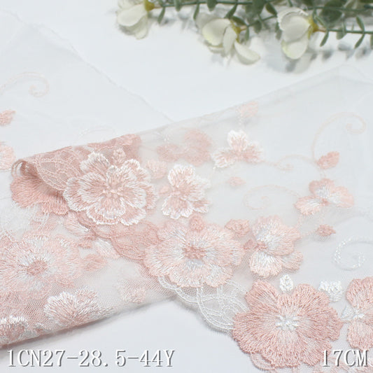 【1pack】-Freedombeauty | Pink Mesh Unilateral Vintage Flower Embroidery Lace 17cm Clothing Home Textile Lace Accessories DIY