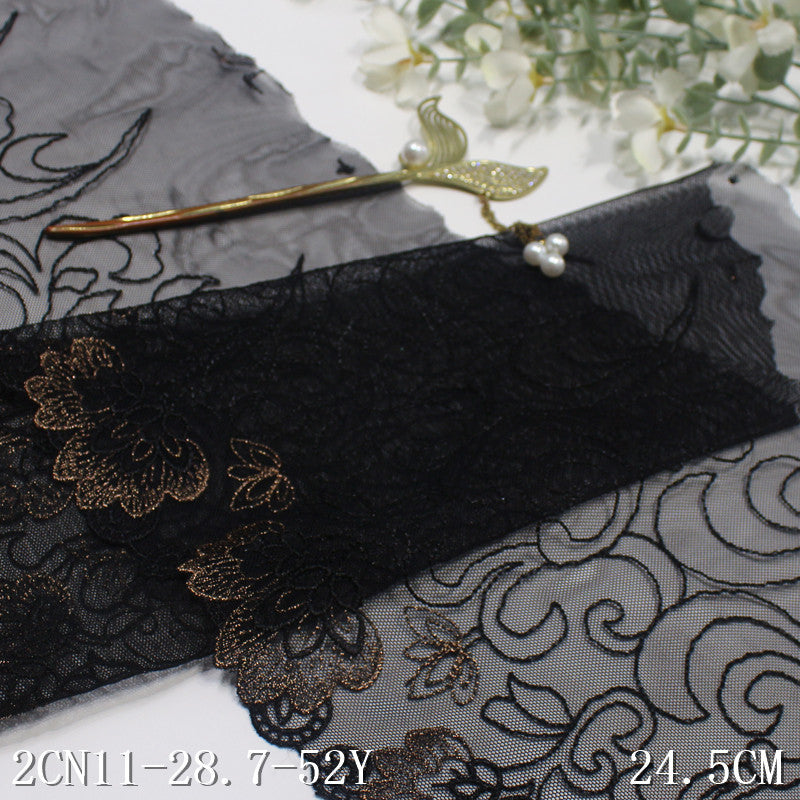 【1pack】-freedombeauty|Black Mesh Single-Sided Vintage Flower Embroidery Trim 21cm Curtain Sofa Cushion Lace Trim Accessories