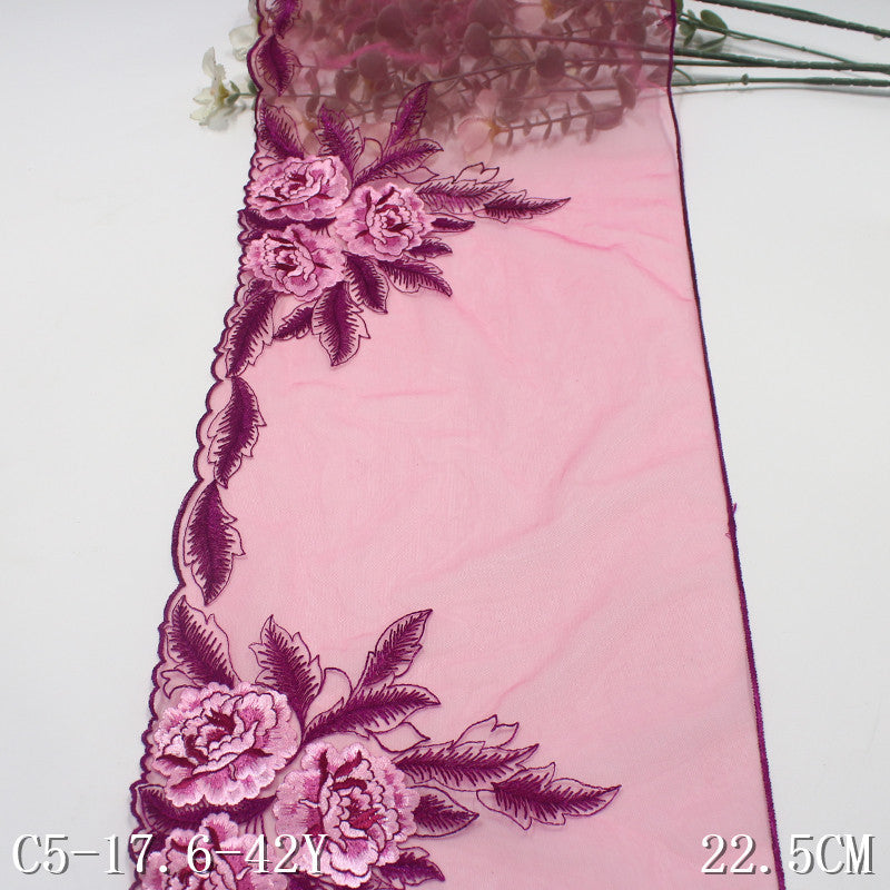 【1pack】-freedombeauty|Rose Red Single-Sided Textured Vintage Flower Mesh Embroidery Curtain Sofa Cushion Lace Trim DIY Accessories