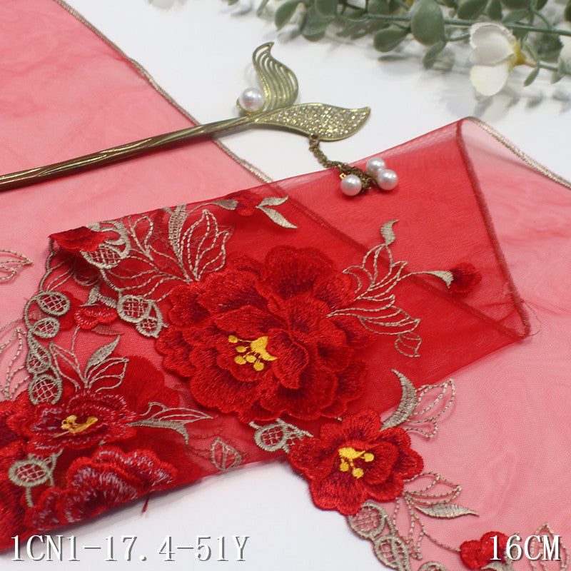 【1pack】-freedombeauty|Red Single-Sided Chinese Style Exquisite Flower Mesh Embroidery 16cm Clothing Home Textile Lace Trim DIY