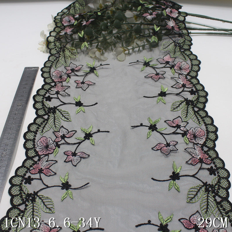 【1pack】-freedombeauty|Black Vintage Early Spring Double Wave Color Block Floral Leaf Embroidery Trim 29cm Home Textile Curtain Tablecloth Accessories DIY