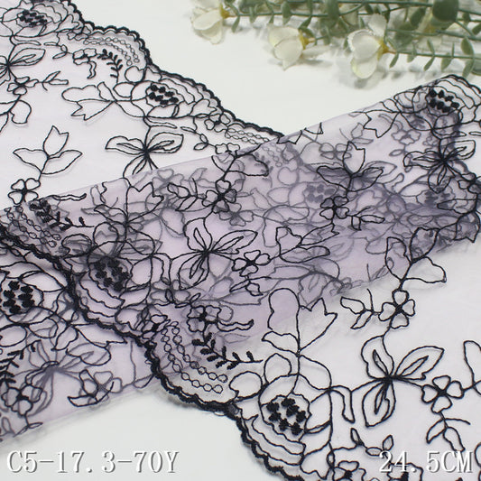 【1pack】-Freedombeauty | Blue Grenadine Bilateral French Flower Embroidery Lace 24cm Clothing Home Textile Lace Accessories DIY