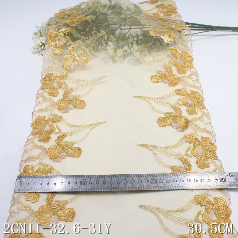 【1pack】-freedombeauty|Yellow Mesh Ancient Style Double-Sided Gold Thread Embroidery Wide Lace Trim Performance Costume Curtain Lace Trim Accessories