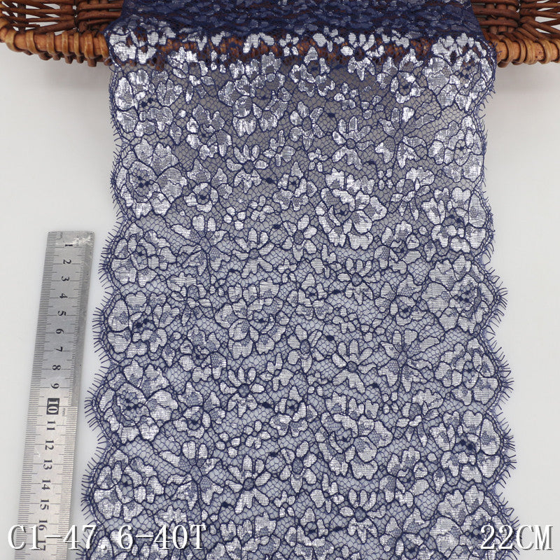 freedombeauty|Navy Blue Full Embossed Silver Classical Flower Non-Elastic Eyelash 22cm Lingerie Home Textile Lace Trim Accessories