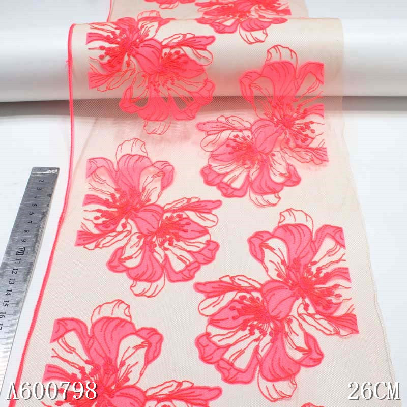 【1pack】-freedombeauty|Mesh Polyester Red Large Flower Embroidery Trim Accessories for Curtains, Clothing, Underwear, Textile Accessories