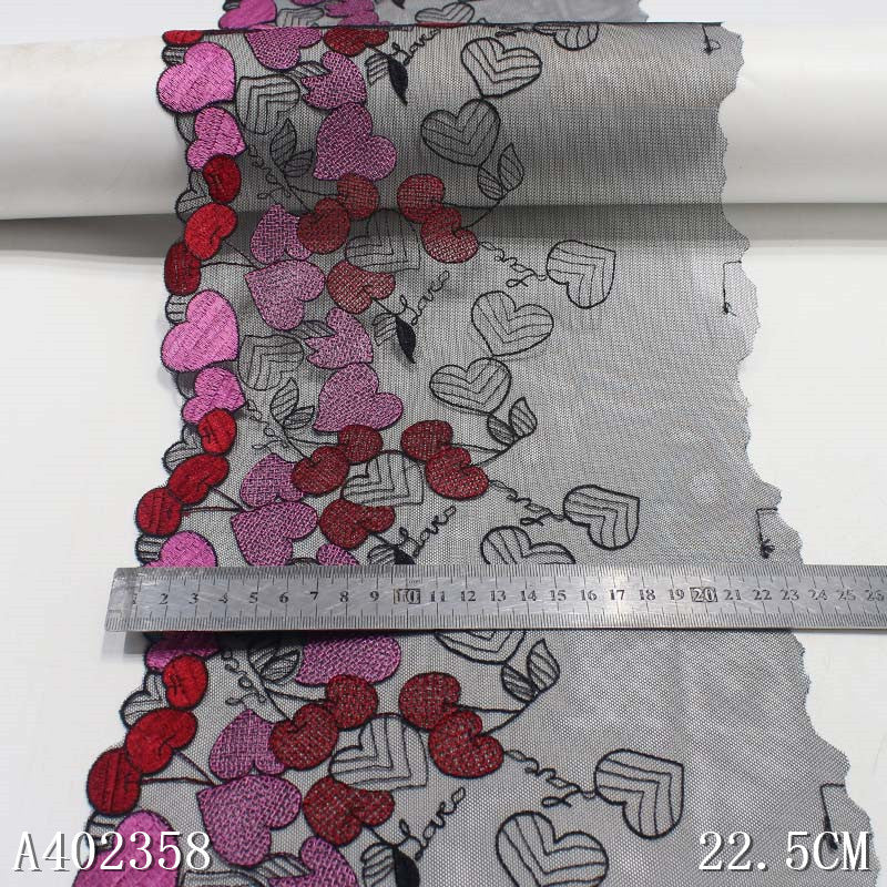 【1pack】-freedombeauty|Black Mesh Polyester Thread Cherry Small Heart Embroidery Lace DIY Lingerie Performance Costume Lace Trim Accessories