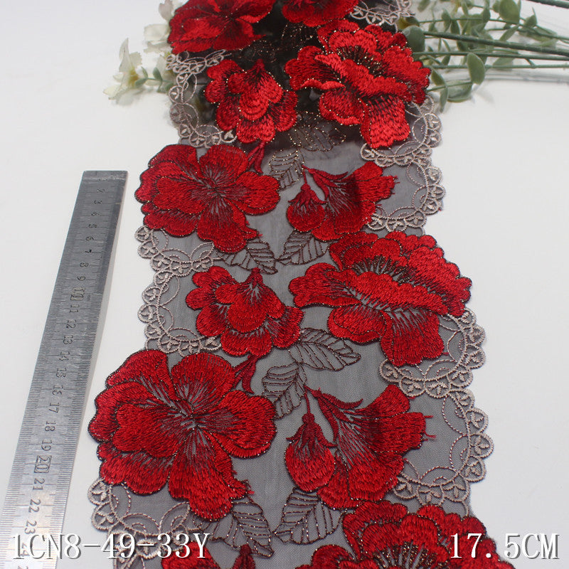 【1pack】-Freedombeauty | Black Mesh French Gold Thread Large Flower Embroidery Lace 17cm Clothing Home Textile Lace Accessories DIY