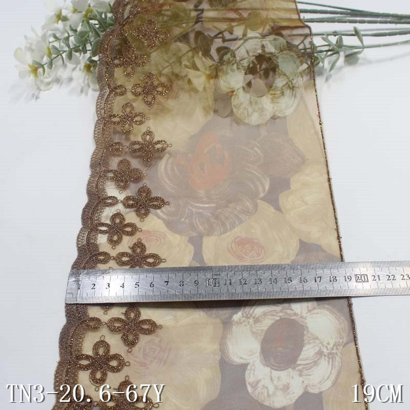 【1pack】-freedombeauty|Light Brown Printed Mesh Single Edge Gold Thread Pattern Embroidery Trim Clothing Curtain Lace Trim Accessories