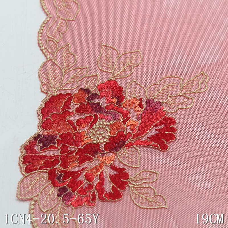【1pack】-freedombeauty|Red Mesh Single-Sided Classic Large Flower Pattern Embroidered Lace Trim for Curtains and Lingerie