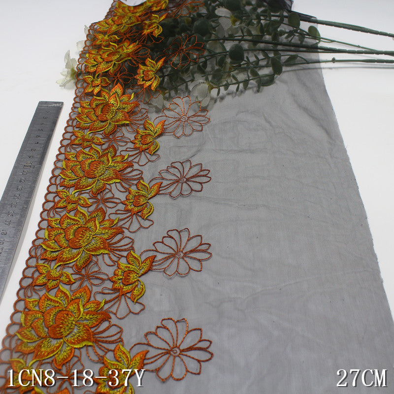 【1pack】-freedombeauty | Black Mesh Single Edge Vintage Flower Embroidery Trim 22cm Curtain Sofa Cushion Lace Trim Accessories