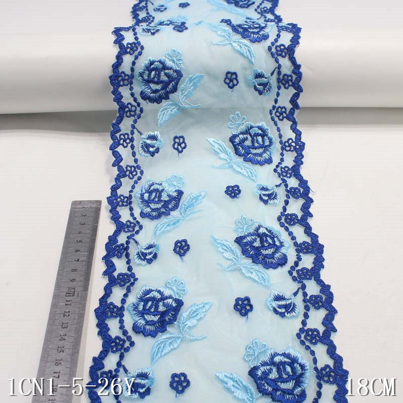 【1pack】-Freedombeauty | Blue Grenadine Bilateral Texture Flowers Print Embroidery Lace Accessories Curtain DIY Handmade Lace