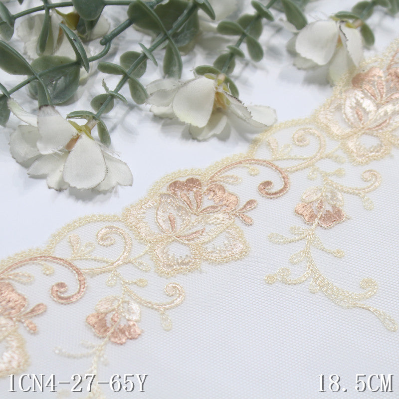 【1pack】-Freedombeauty | Beige Mesh Unilateral Antique Flower Embroidery Lace 18cm Clothing Home Textile Lace Accessories