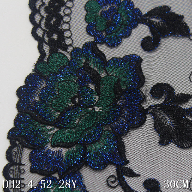 【1pack】-freedombeauty|Black Vintage Double-Sided Silver Thread Flower Embroidery Trim Curtain Clothing 30cm Lace Trim DIY Accessories