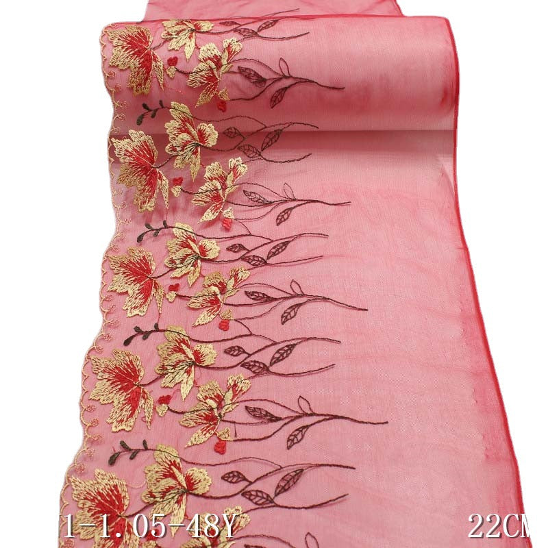 【1pack】-freedombeauty|Red Mesh Single-Sided Exquisite Flower Branch Pattern Embroidery Trim Accessories Sofa Cushion Curtain Trim