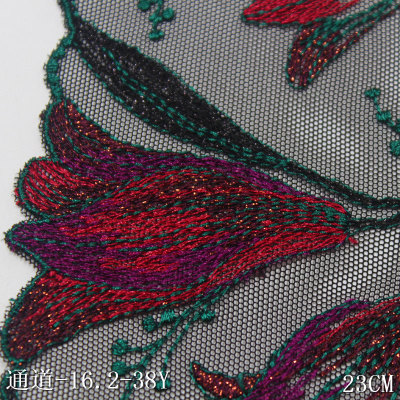 【1pack】-freedombeauty|Black Mesh Double-Sided Gold Thread Ancient Style Flower Elastic Embroidery Clothing Home Textile Lace Trim DIY