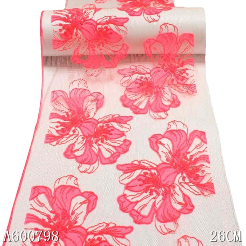 【1pack】-freedombeauty|Mesh Polyester Red Large Flower Embroidery Trim Accessories for Curtains, Clothing, Underwear, Textile Accessories