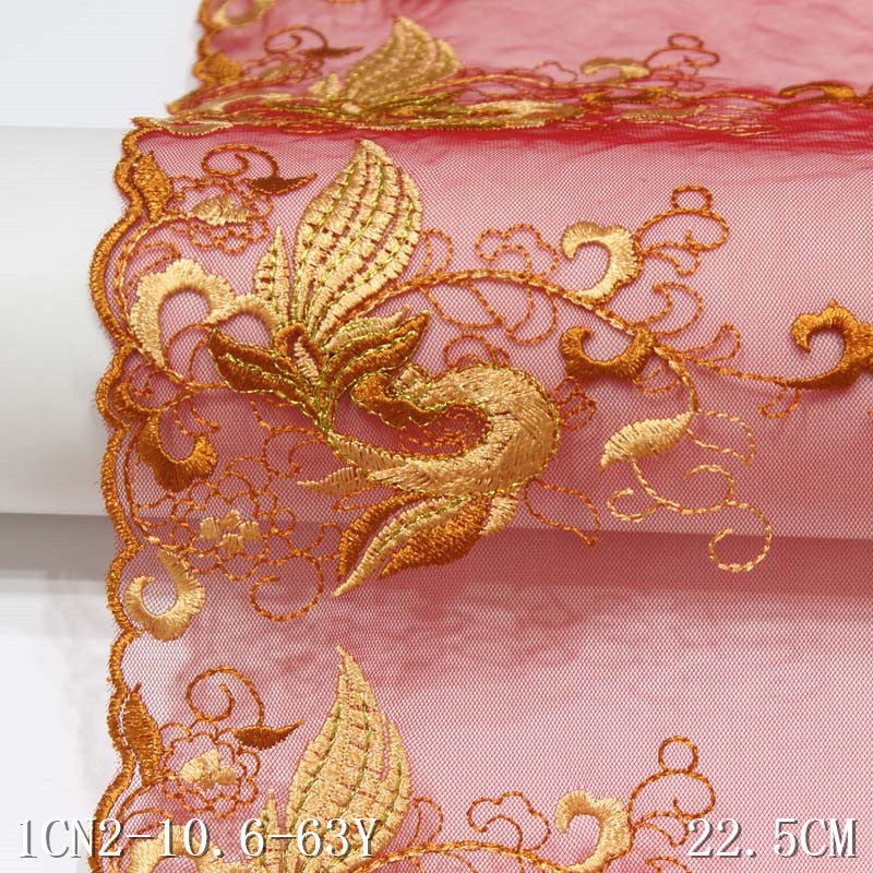 freedombeauty|Embroidered Lace Single Side Red 3D Gold Embroidered Hexagonal Net Base with Gold Thread Wedding Dress Cheongsam Clothing Accessories