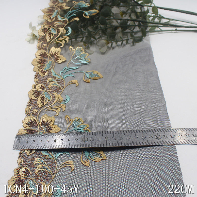 【1pack】-Freedombeauty | Black Mesh Classical Unilateral Gold Flower Blue Pattern Embellishment Advanced Embroidery Lace Clothing Curtain Accessories DIY