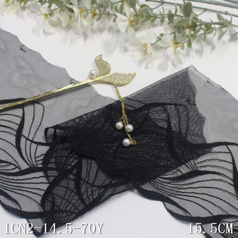【1pack】-Freedombeauty | Black Light Mesh Unilateral Ancient Style Ginkgo Embroidery Lace DIY Clothing Curtains Lace Accessories