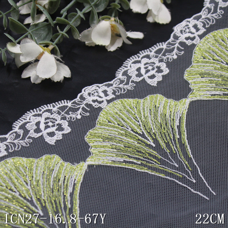 【1pack】-freedombeauty|Green Double-Sided Flower One-Way Gold Thread Apricot Leaf Embroidery Lace Trim Curtain Sofa Cushion Lace Trim Accessories