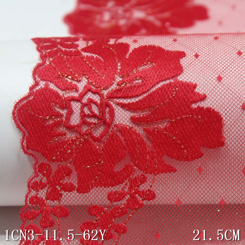 【1pack】-freedombeauty|Red Mesh Pressed Gauze Large Flower with Gold Thread and Gold Powder Embroidery Trim, Festive Curtain Trim