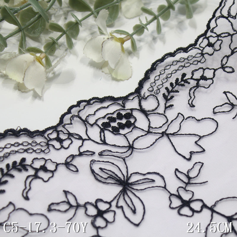 【1pack】-Freedombeauty | Blue Grenadine Bilateral French Flower Embroidery Lace 24cm Clothing Home Textile Lace Accessories DIY