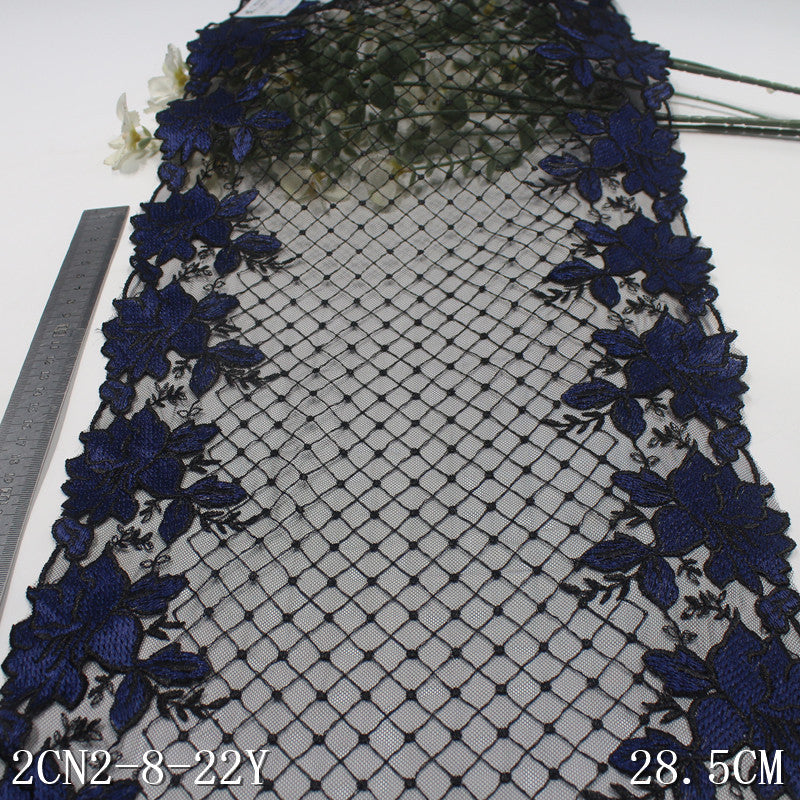 【1pack】-freedombeauty|Black Plaid Mesh Retro Double-Sided Blue Flower Embroidery Lace Trim Performance Costume Decoration Lace Trim Accessories