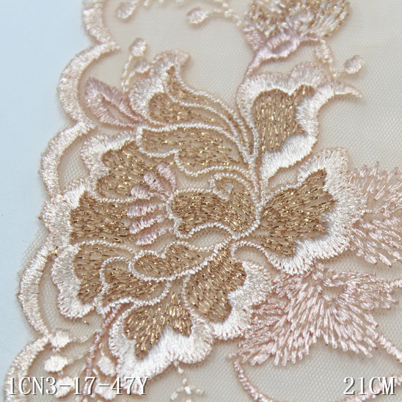【1pack】-Freedombeauty | Champagne Gold Thread Unilateral Antique Flower Mesh Embroidery 21cm Clothing Home Textile Lace Accessories