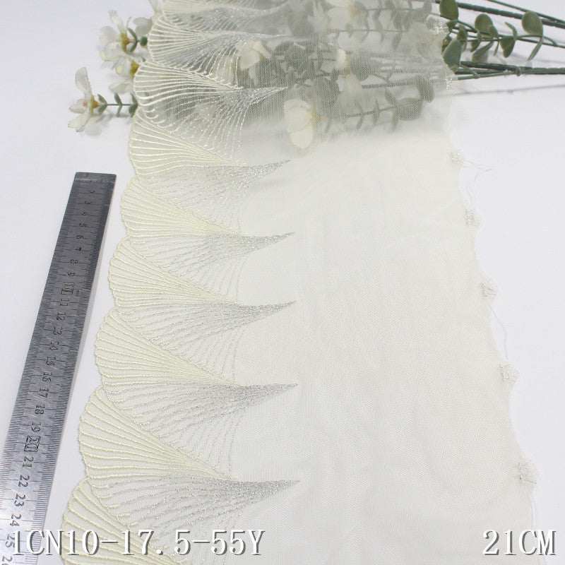 【1pack】-freedombeauty|Yellow Single-Sided Vintage Silver Thread Fan Mesh Embroidery Lace Curtain Sofa Cushion Lace Trim Accessories