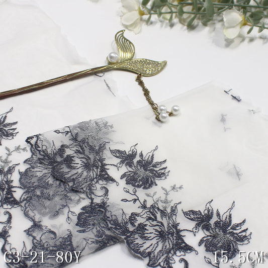 【1pack】-freedombeauty|White Mesh Single Edge Silver Thread Ancient Style Flower Embroidery Trim Clothing Home Textile Lace Trim Accessories DIY