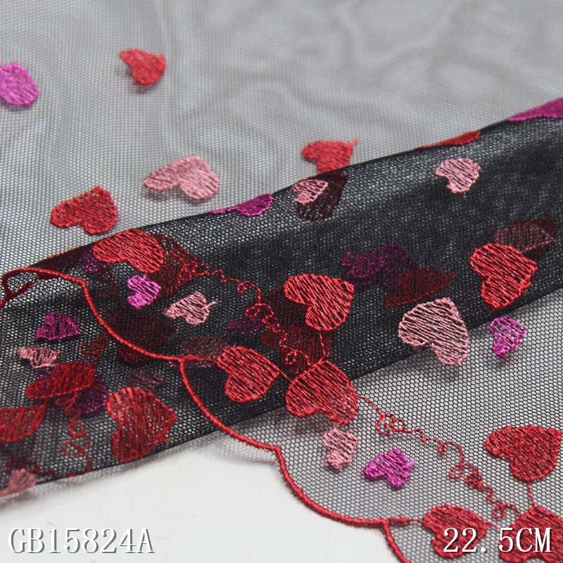 【1pack】-freedombeauty|Premium Black Mesh Colorful Polyester Thread Heart Embroidery Lace DIY Lingerie Performance Costume Lace Accessories