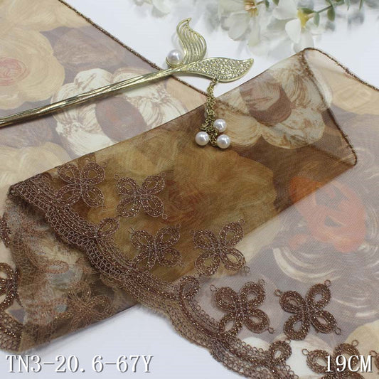 【1pack】-freedombeauty|Light Brown Printed Mesh Single Edge Gold Thread Pattern Embroidery Trim Clothing Curtain Lace Trim Accessories