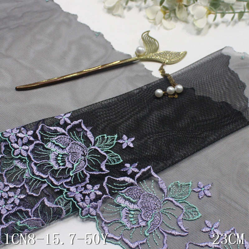 【1pack】-freedombeauty|Black Mesh Single Edge Vintage Flower Embroidery Lace 23cm Clothing Home Textile Lace Trim DIY