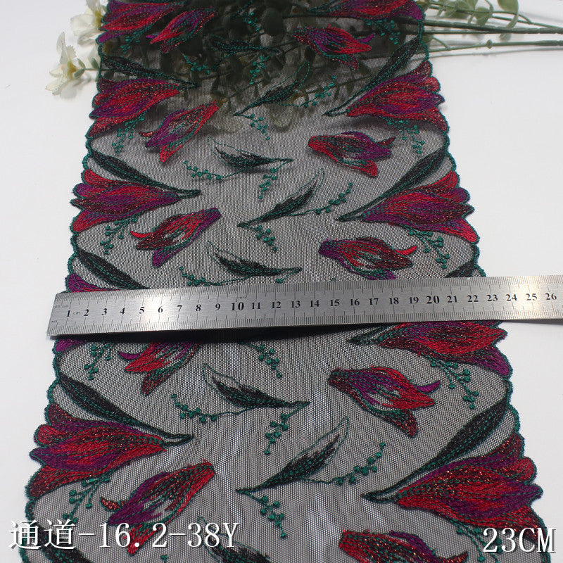 【1pack】-freedombeauty|Black Mesh Double-Sided Gold Thread Ancient Style Flower Elastic Embroidery Clothing Home Textile Lace Trim DIY