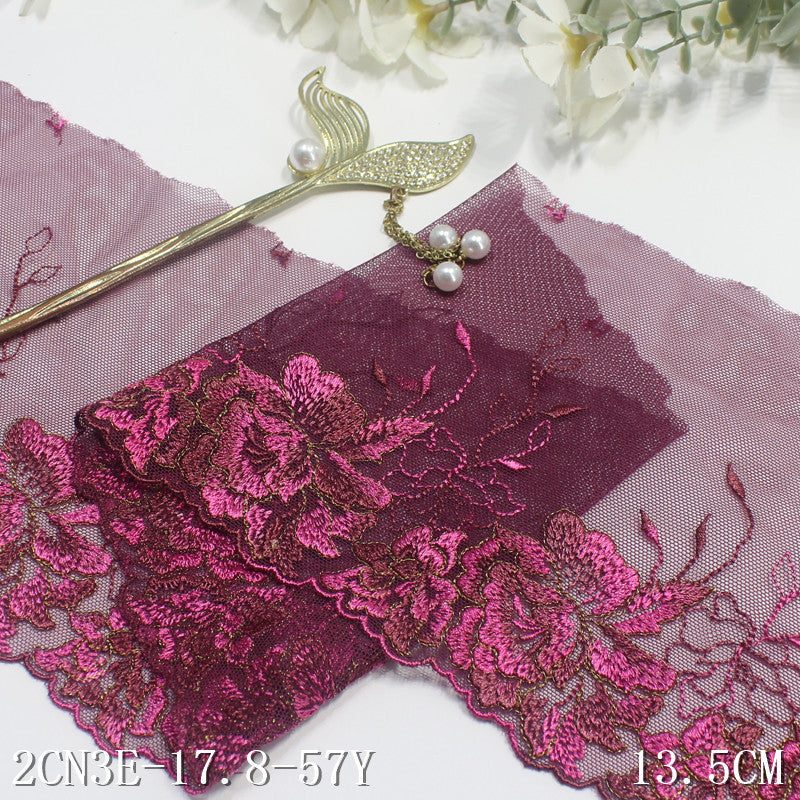 【1pack】-freedombeauty|Rose Red Mesh Single Edge Gold Thread Flower Embroidery Trim Clothing Curtain 13cm Lace Trim Accessories