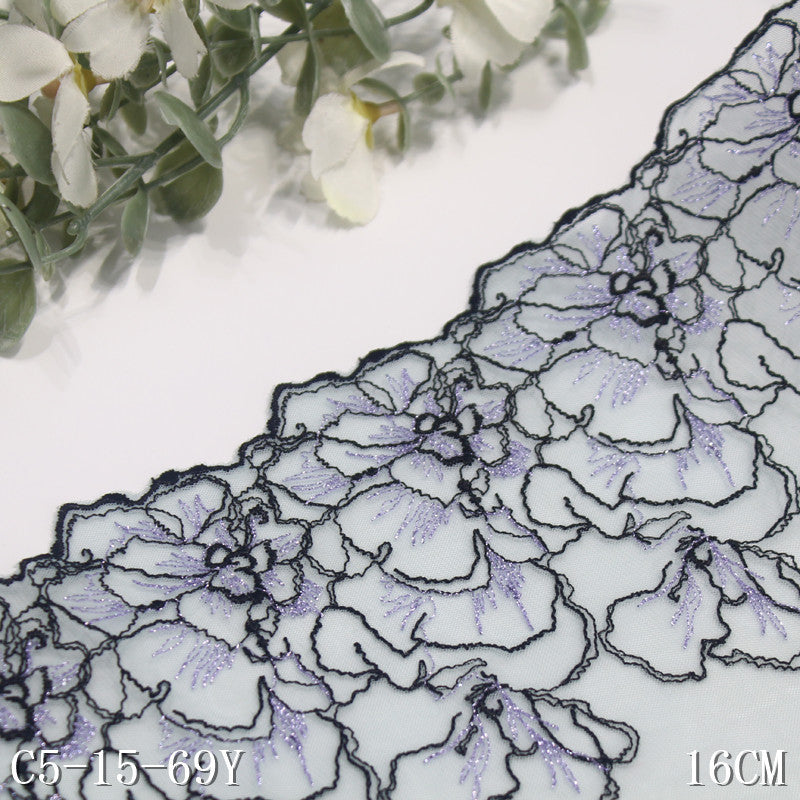 【1pack】-freedombeauty|Purple Mesh Single Edge Silver Thread Ancient Style Flower Embroidery Trim Clothing Home Textile Lace Trim Accessories DIY